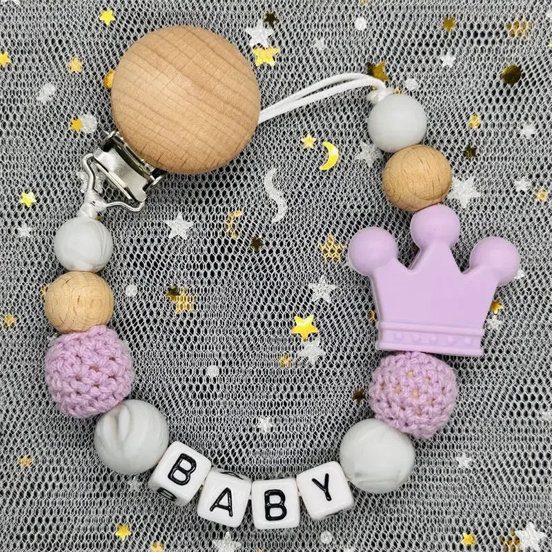 👑 Personalized Crown Pacifier Clip with Name — Silicone & Beechwood Beads, Baby Soother Holder