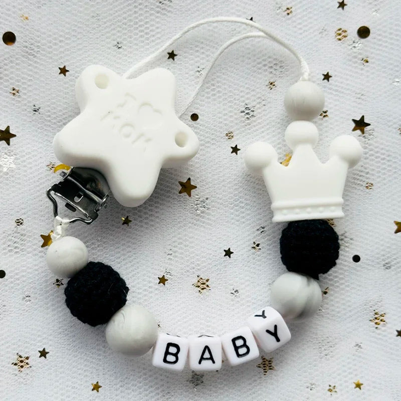 👑 Personalized Crown Pacifier Clip with Name — Silicone & Beechwood Beads, Baby Soother Holder