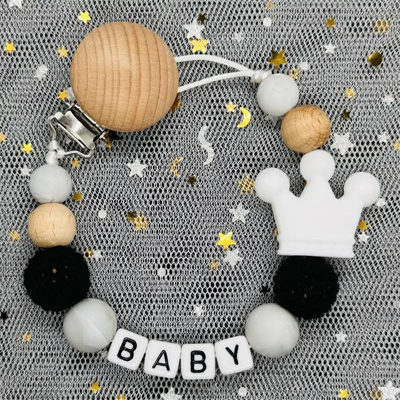 👑 Personalized Crown Pacifier Clip with Name — Silicone & Beechwood Beads, Baby Soother Holder