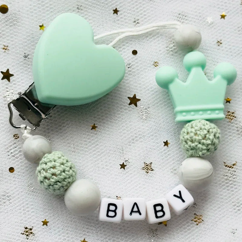 👑 Personalized Crown Pacifier Clip with Name — Silicone & Beechwood Beads, Baby Soother Holder