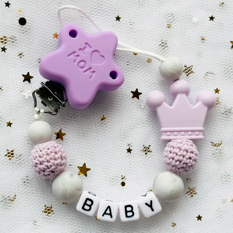 👑 Personalized Crown Pacifier Clip with Name — Silicone & Beechwood Beads, Baby Soother Holder