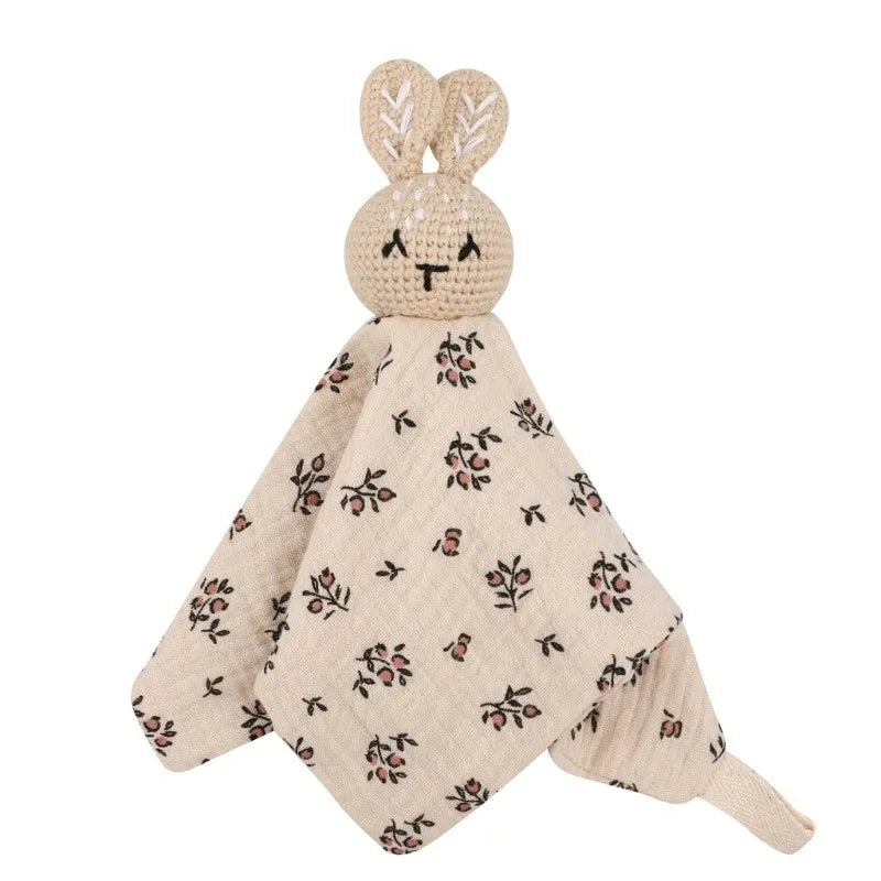 Cotton Comforter Blanket for Baby with Crocheted Bunny Rattle, Newborn Soothing Towel, Baby Security and Comfort Blanket, Sleepy Face Doll.