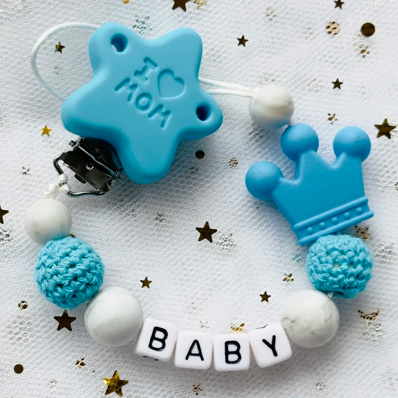 👑 Personalized Crown Pacifier Clip with Name — Silicone & Beechwood Beads, Baby Soother Holder