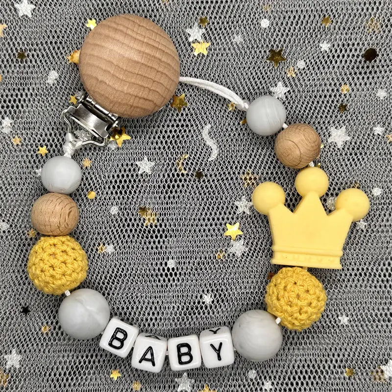 👑 Personalized Crown Pacifier Clip with Name — Silicone & Beechwood Beads, Baby Soother Holder