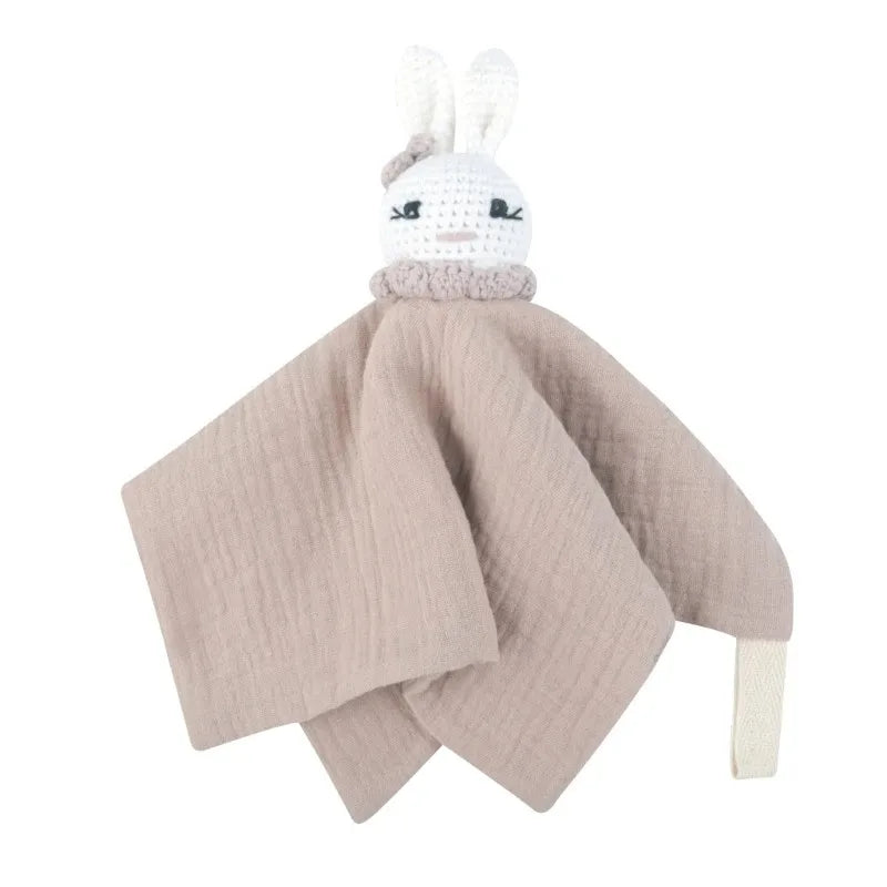 Cotton Comforter Blanket for Baby with Crocheted Bunny Rattle, Newborn Soothing Towel, Baby Security and Comfort Blanket, Sleepy Face Doll.