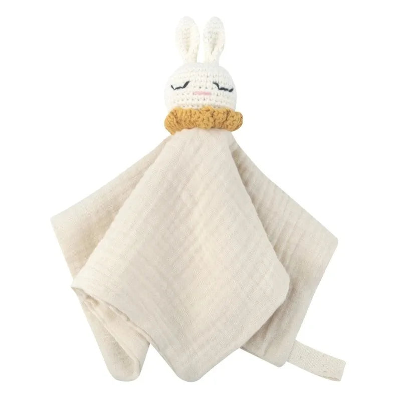 Cotton Comforter Blanket for Baby with Crocheted Bunny Rattle, Newborn Soothing Towel, Baby Security and Comfort Blanket, Sleepy Face Doll.