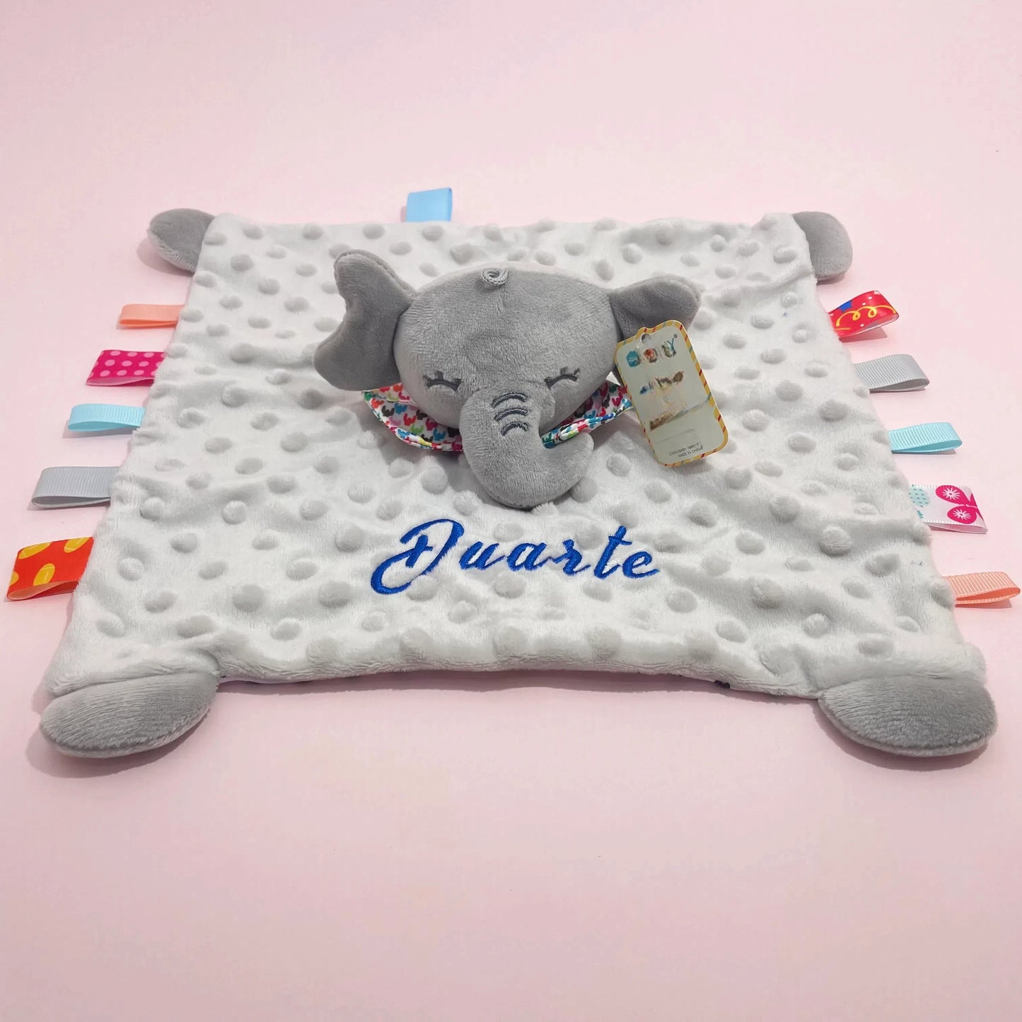 Personalized elephant baby security blanket with comfort bunny and silicone teether, infant birth gift.