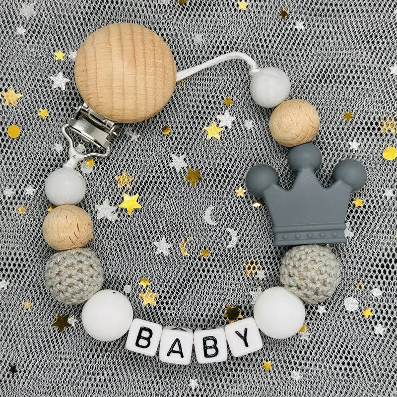 👑 Personalized Crown Pacifier Clip with Name — Silicone & Beechwood Beads, Baby Soother Holder