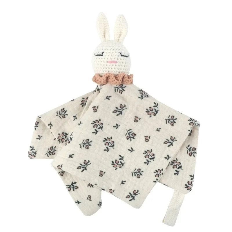 Cotton Comforter Blanket for Baby with Crocheted Bunny Rattle, Newborn Soothing Towel, Baby Security and Comfort Blanket, Sleepy Face Doll.