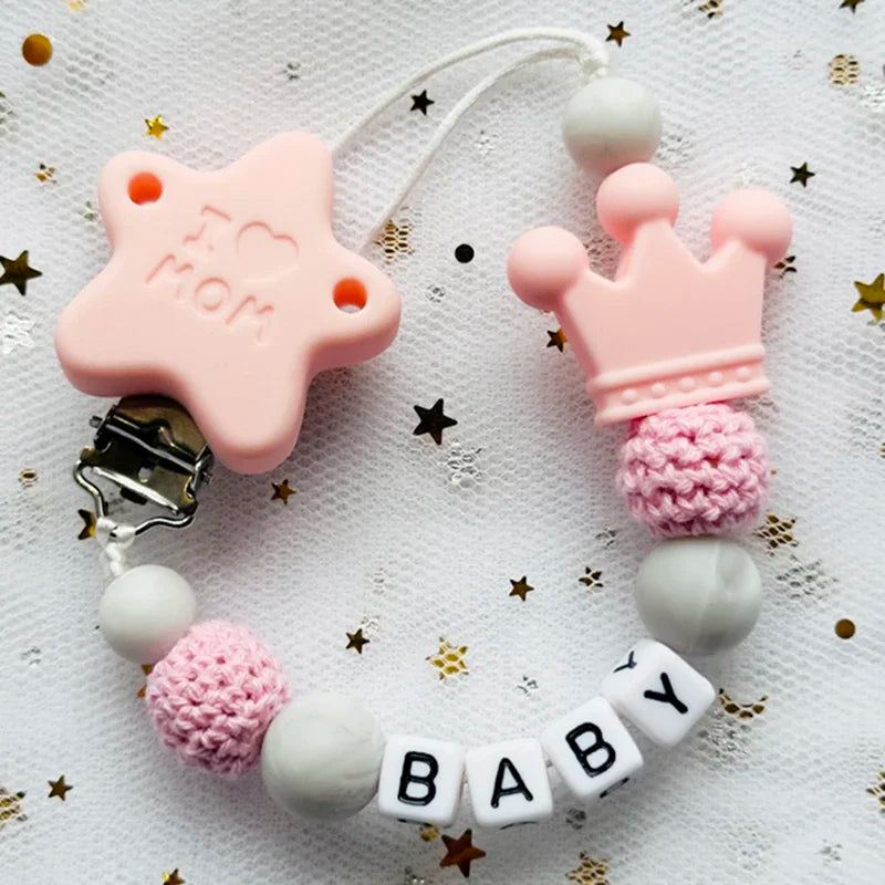 👑 Personalized Crown Pacifier Clip with Name — Silicone & Beechwood Beads, Baby Soother Holder