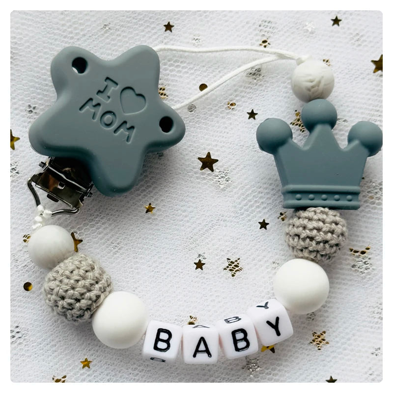 👑 Personalized Crown Pacifier Clip with Name — Silicone & Beechwood Beads, Baby Soother Holder