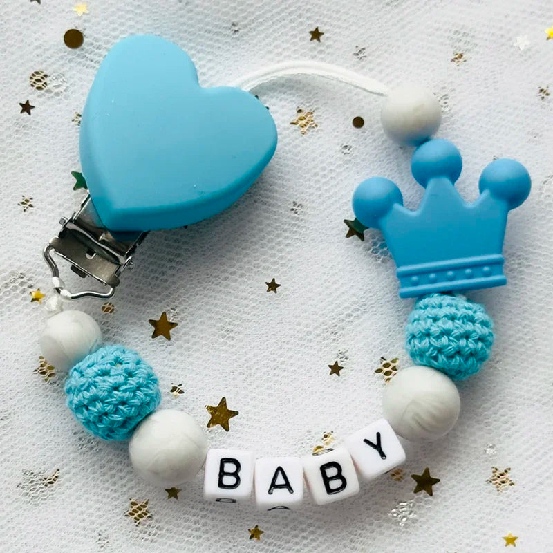 👑 Personalized Crown Pacifier Clip with Name — Silicone & Beechwood Beads, Baby Soother Holder