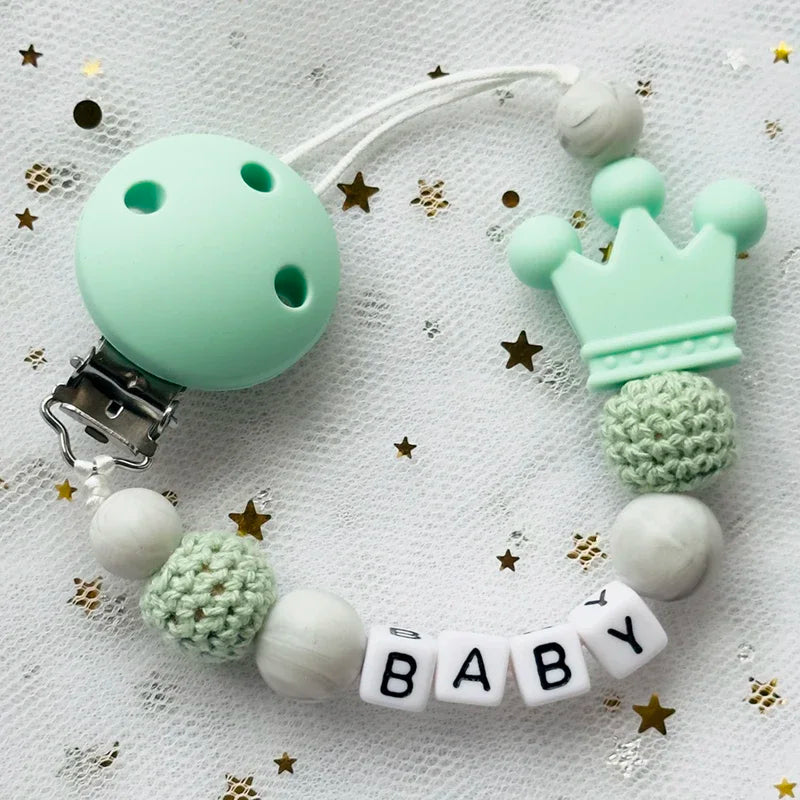 👑 Personalized Crown Pacifier Clip with Name — Silicone & Beechwood Beads, Baby Soother Holder
