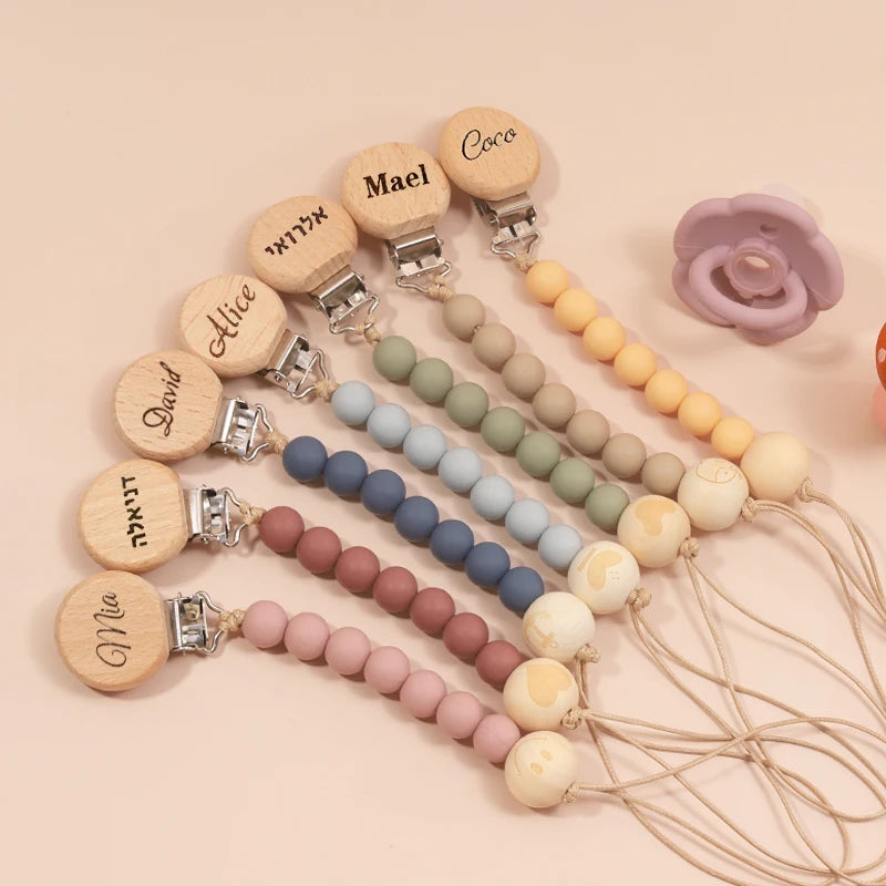 🌷 Personalized Soother Clip with Engraved Name — Silicone & Wood Clips, Baby Pacifier Holder, New Baby Gift