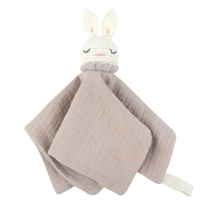 Cotton Comforter Blanket for Baby with Crocheted Bunny Rattle, Newborn Soothing Towel, Baby Security and Comfort Blanket, Sleepy Face Doll.
