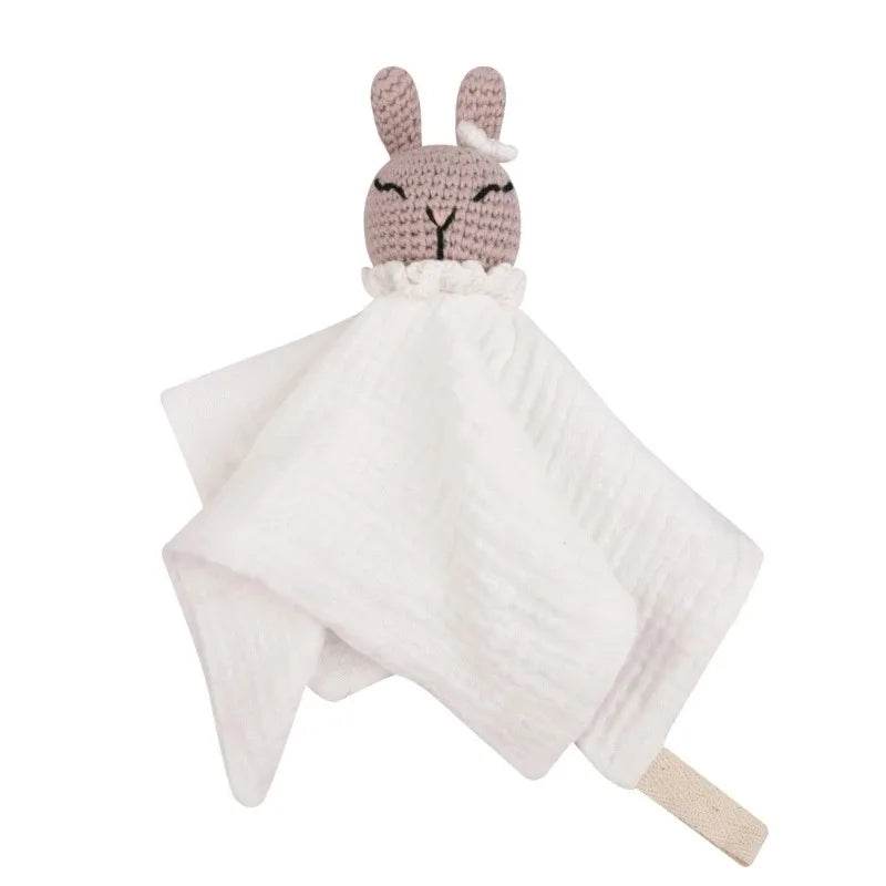 Cotton Comforter Blanket for Baby with Crocheted Bunny Rattle, Newborn Soothing Towel, Baby Security and Comfort Blanket, Sleepy Face Doll.