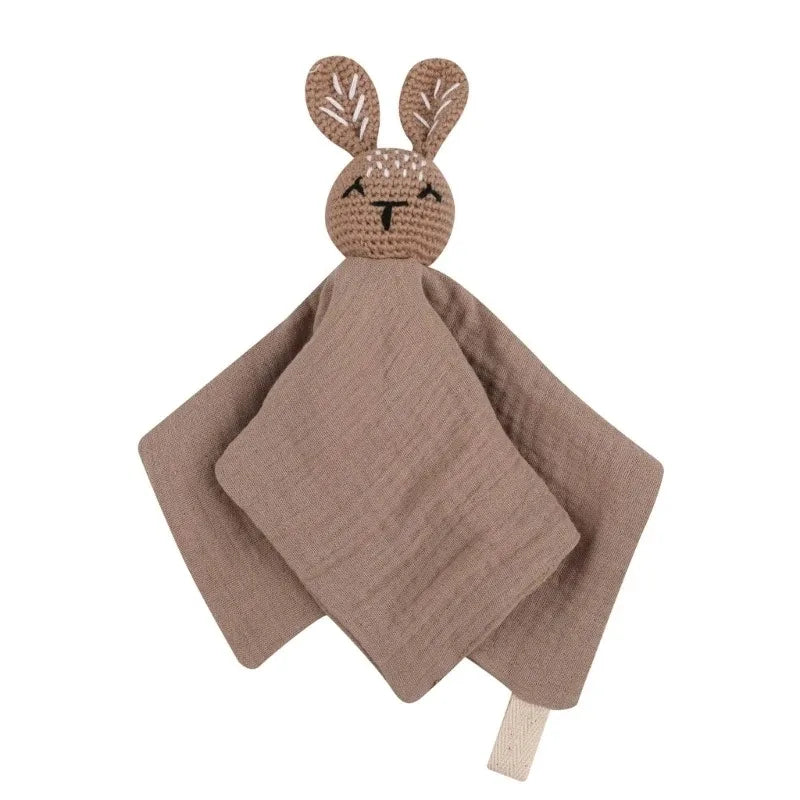 Cotton Comforter Blanket for Baby with Crocheted Bunny Rattle, Newborn Soothing Towel, Baby Security and Comfort Blanket, Sleepy Face Doll.