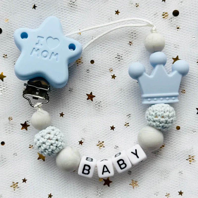 👑 Personalized Crown Pacifier Clip with Name — Silicone & Beechwood Beads, Baby Soother Holder