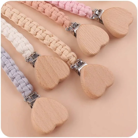 🧶 Personalized Woven Name Pacifier Clip — Ribbon & Wood, Unique Handmade Soother Holder, Baby Shower Gift