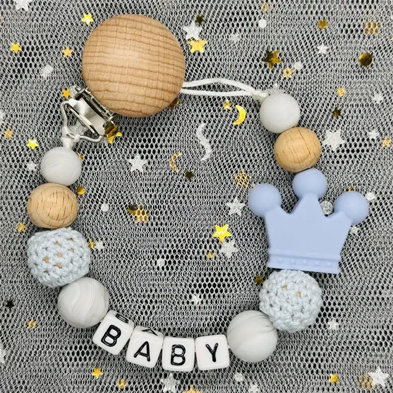 👑 Personalized Crown Pacifier Clip with Name — Silicone & Beechwood Beads, Baby Soother Holder