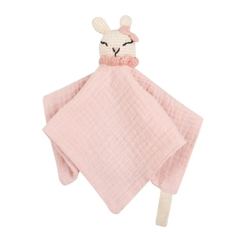 Cotton Comforter Blanket for Baby with Crocheted Bunny Rattle, Newborn Soothing Towel, Baby Security and Comfort Blanket, Sleepy Face Doll.