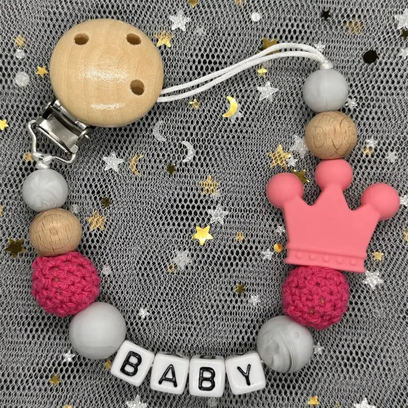 👑 Personalized Crown Pacifier Clip with Name — Silicone & Beechwood Beads, Baby Soother Holder