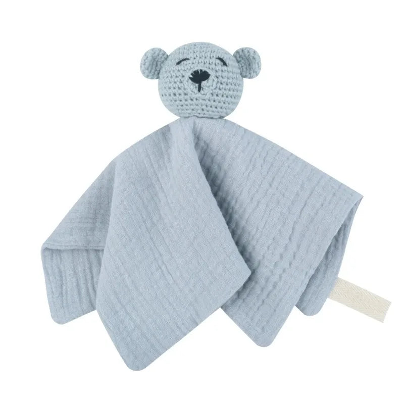 Cotton Comforter Blanket for Baby with Crocheted Bunny Rattle, Newborn Soothing Towel, Baby Security and Comfort Blanket, Sleepy Face Doll.