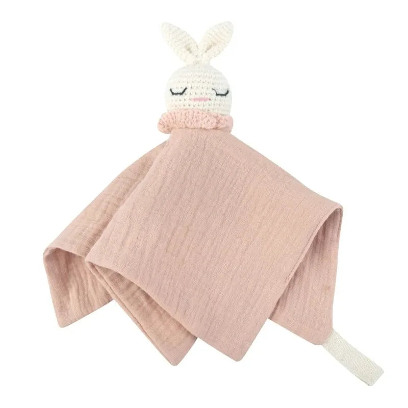 Cotton Comforter Blanket for Baby with Crocheted Bunny Rattle, Newborn Soothing Towel, Baby Security and Comfort Blanket, Sleepy Face Doll.