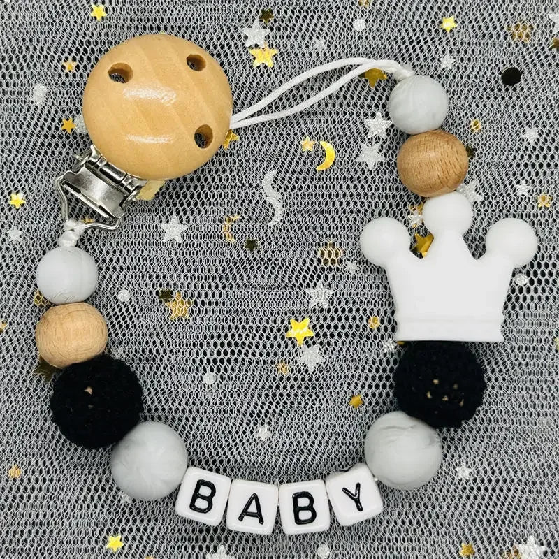 👑 Personalized Crown Pacifier Clip with Name — Silicone & Beechwood Beads, Baby Soother Holder