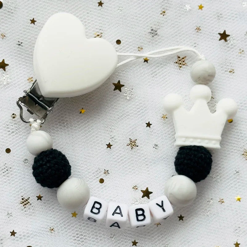 👑 Personalized Crown Pacifier Clip with Name — Silicone & Beechwood Beads, Baby Soother Holder