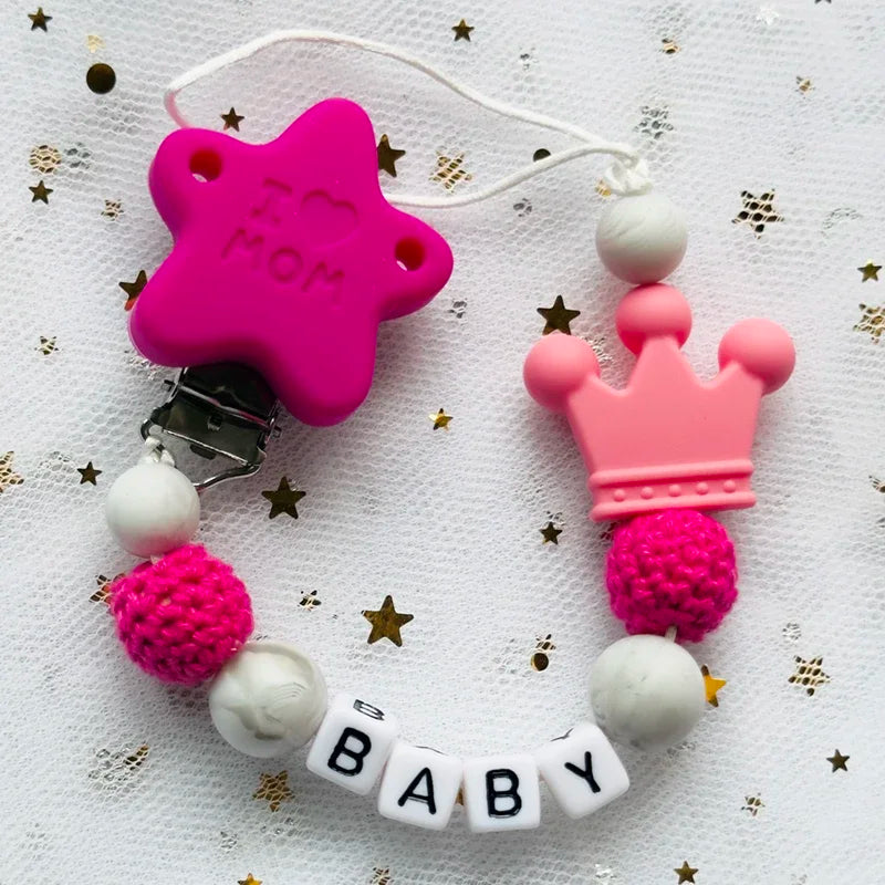 👑 Personalized Crown Pacifier Clip with Name — Silicone & Beechwood Beads, Baby Soother Holder