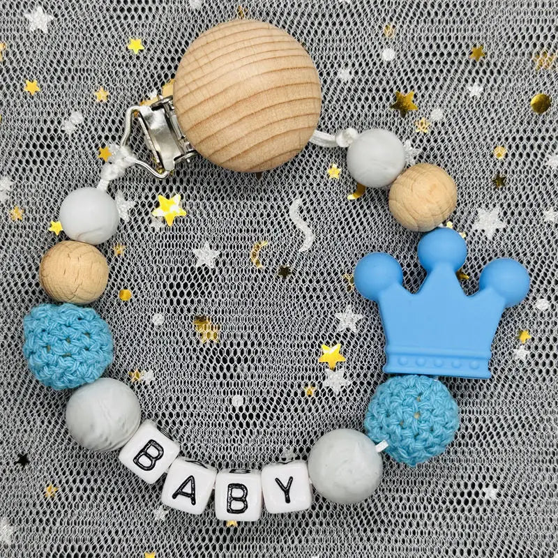 👑 Personalized Crown Pacifier Clip with Name — Silicone & Beechwood Beads, Baby Soother Holder