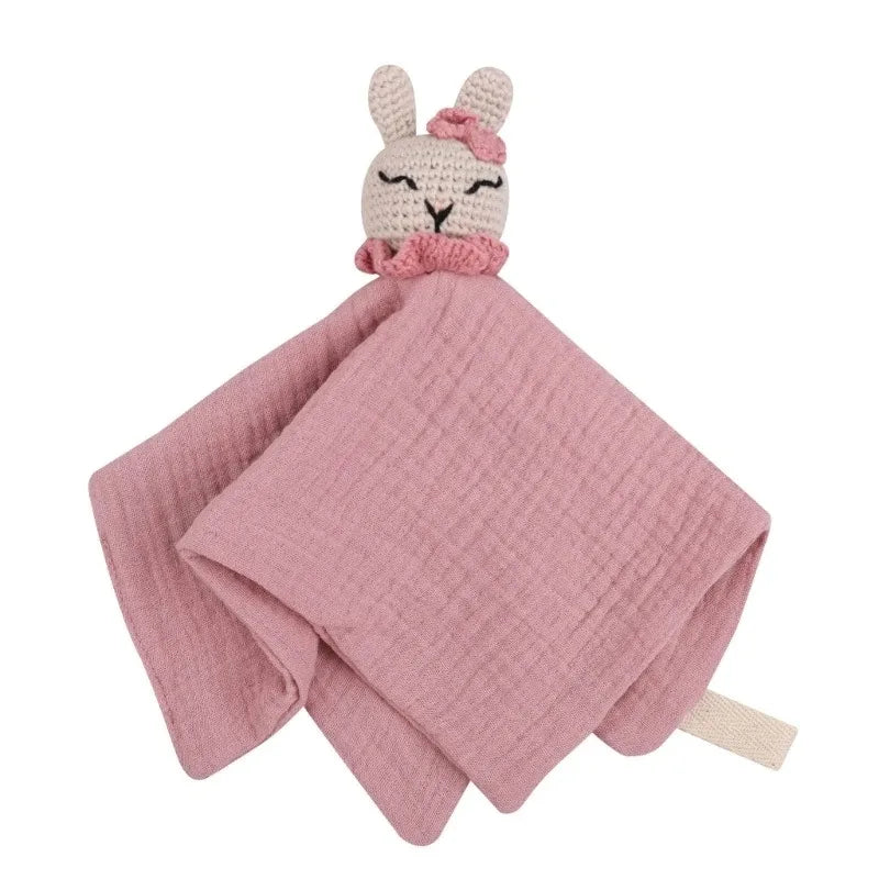 Cotton Comforter Blanket for Baby with Crocheted Bunny Rattle, Newborn Soothing Towel, Baby Security and Comfort Blanket, Sleepy Face Doll.
