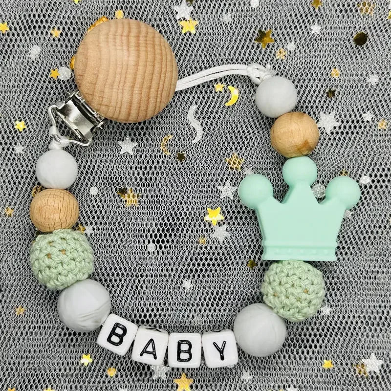 👑 Personalized Crown Pacifier Clip with Name — Silicone & Beechwood Beads, Baby Soother Holder