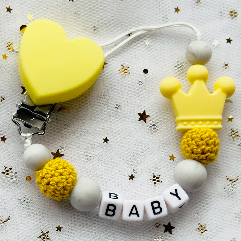 👑 Personalized Crown Pacifier Clip with Name — Silicone & Beechwood Beads, Baby Soother Holder