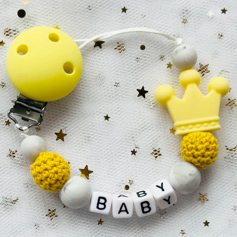 👑 Personalized Crown Pacifier Clip with Name — Silicone & Beechwood Beads, Baby Soother Holder