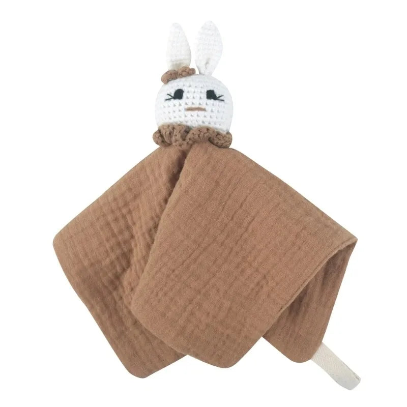 Cotton Comforter Blanket for Baby with Crocheted Bunny Rattle, Newborn Soothing Towel, Baby Security and Comfort Blanket, Sleepy Face Doll.