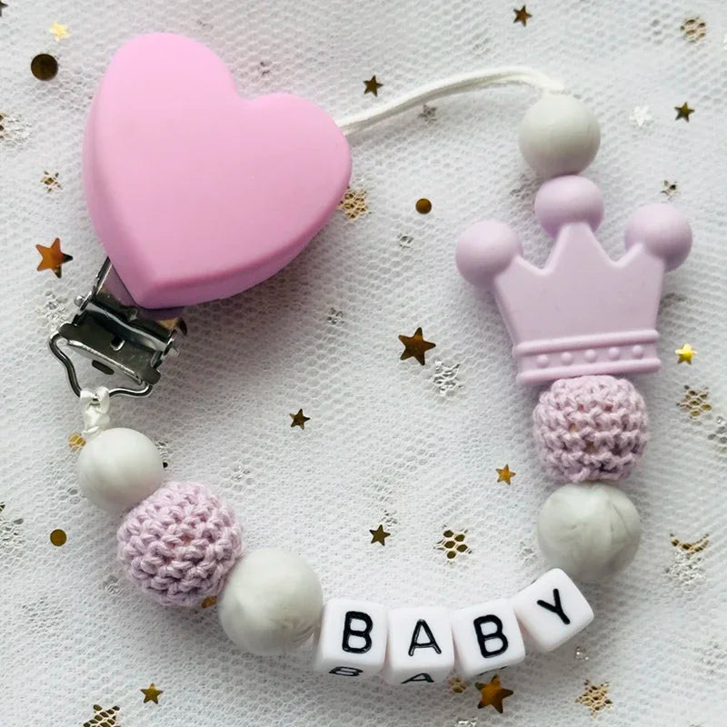 👑 Personalized Crown Pacifier Clip with Name — Silicone & Beechwood Beads, Baby Soother Holder