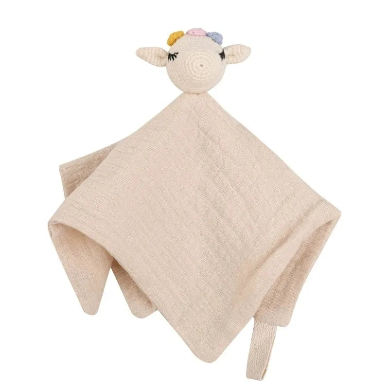 Cotton Comforter Blanket for Baby with Crocheted Bunny Rattle, Newborn Soothing Towel, Baby Security and Comfort Blanket, Sleepy Face Doll.