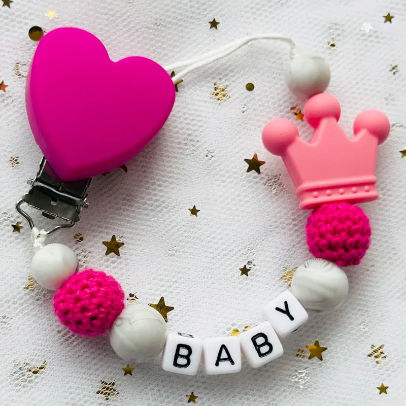 👑 Personalized Crown Pacifier Clip with Name — Silicone & Beechwood Beads, Baby Soother Holder