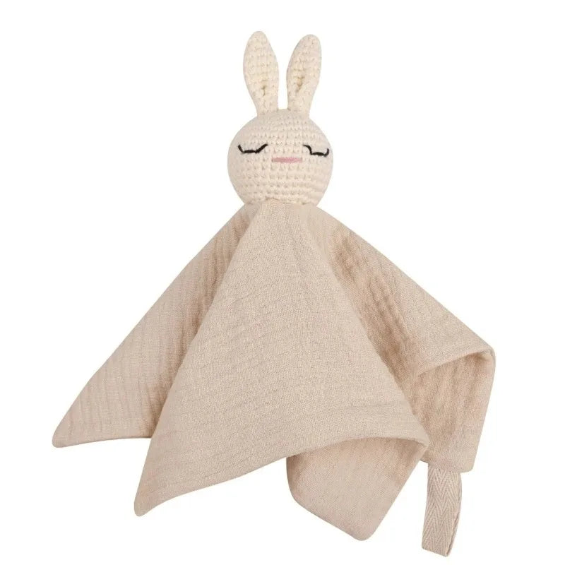 Cotton Comforter Blanket for Baby with Crocheted Bunny Rattle, Newborn Soothing Towel, Baby Security and Comfort Blanket, Sleepy Face Doll.