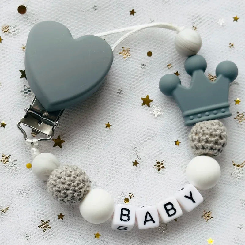 👑 Personalized Crown Pacifier Clip with Name — Silicone & Beechwood Beads, Baby Soother Holder