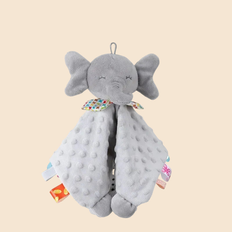Personalized elephant baby security blanket with comfort bunny and silicone teether, infant birth gift.