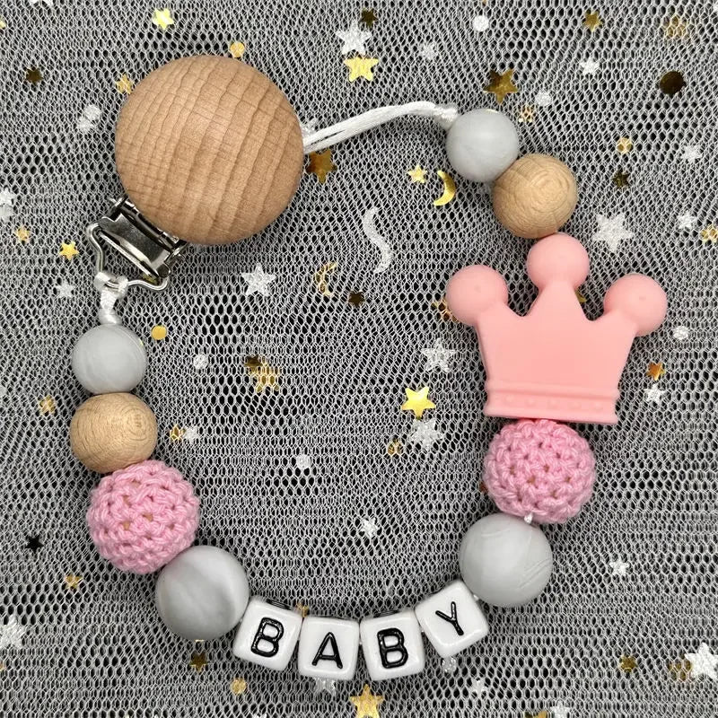 👑 Personalized Crown Pacifier Clip with Name — Silicone & Beechwood Beads, Baby Soother Holder