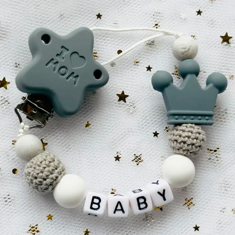 👑 Personalized Crown Pacifier Clip with Name — Silicone & Beechwood Beads, Baby Soother Holder