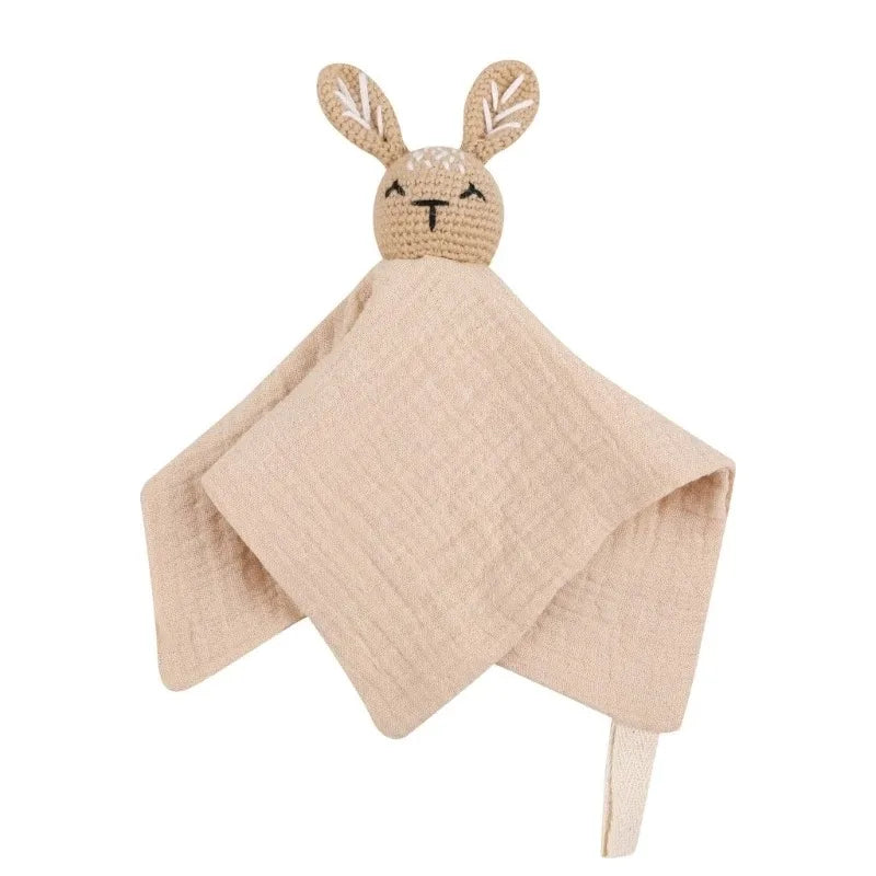 Cotton Comforter Blanket for Baby with Crocheted Bunny Rattle, Newborn Soothing Towel, Baby Security and Comfort Blanket, Sleepy Face Doll.