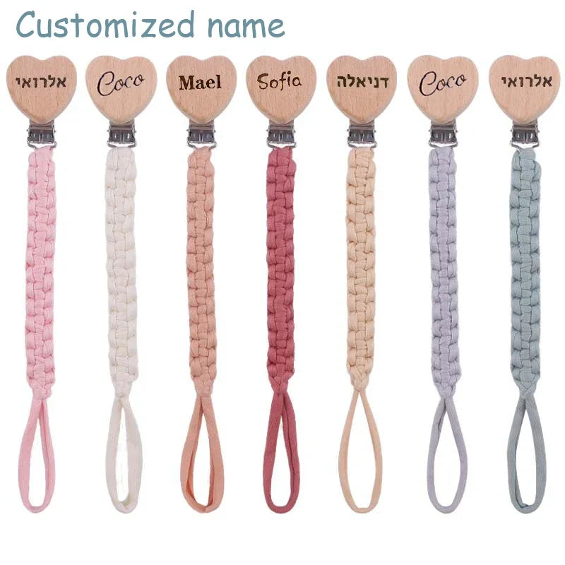 🧶 Personalized Woven Name Pacifier Clip — Ribbon & Wood, Unique Handmade Soother Holder, Baby Shower Gift