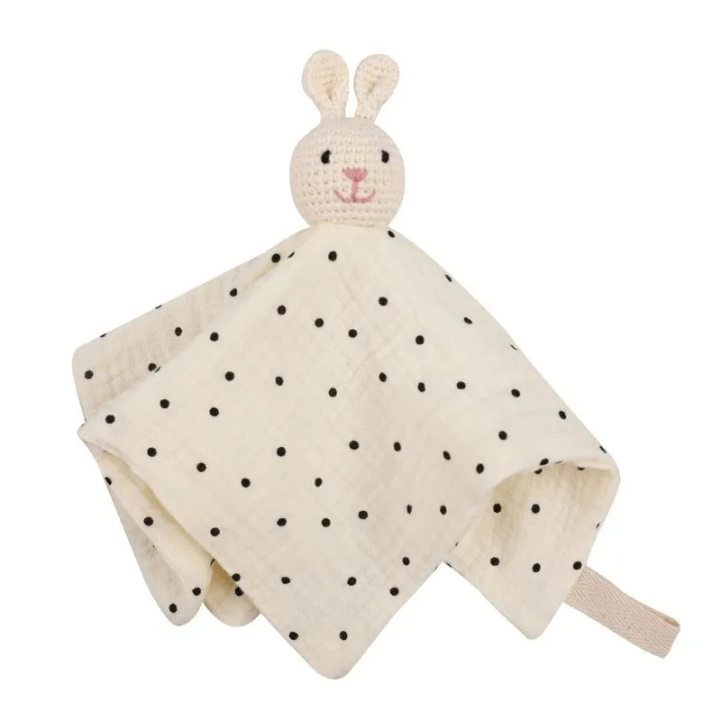 Cotton Comforter Blanket for Baby with Crocheted Bunny Rattle, Newborn Soothing Towel, Baby Security and Comfort Blanket, Sleepy Face Doll.