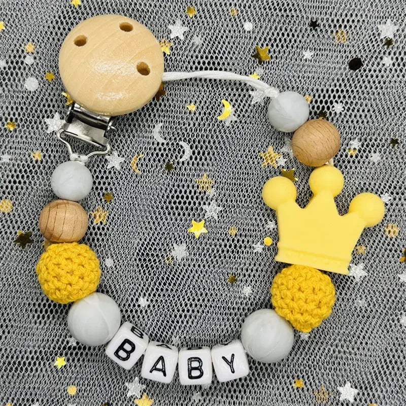 👑 Personalized Crown Pacifier Clip with Name — Silicone & Beechwood Beads, Baby Soother Holder