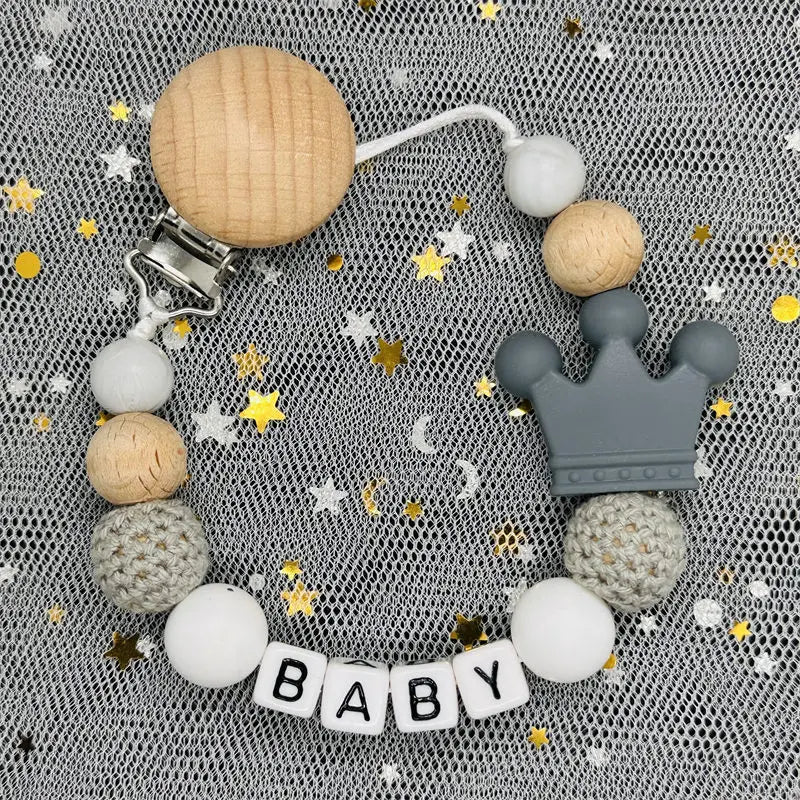 👑 Personalized Crown Pacifier Clip with Name — Silicone & Beechwood Beads, Baby Soother Holder